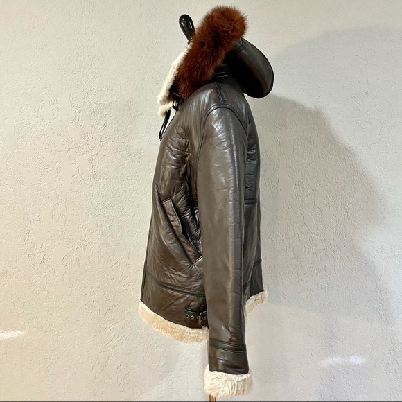 NWOT Brown Sheepskin Leather Shearling & Raccoon Fur B3 Bomber Jacket - Picture 7 of 15